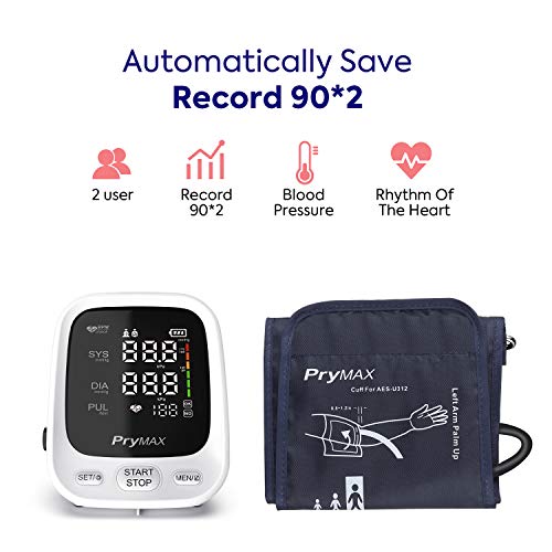 Blood Pressure Monitor Upper Arm, PRYMAX Accurate Automatic Digital BP Machine with Large Cuff 8.7 to 16.5in, LED Display, 2 Users 180 Sets Memory, 4 AAA Batteries Included, FDA Approved