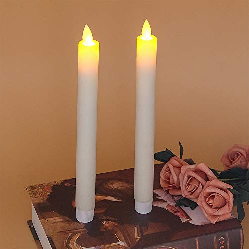 DRomance Flameless Taper Candles with Remote and Timer, Moving Wick LED Flickering Window Candles Battery Operated 0.78 x 9.5 Inches Real Wax Amber Yellow Christmas Window Decoration Set of 2(Ivory)