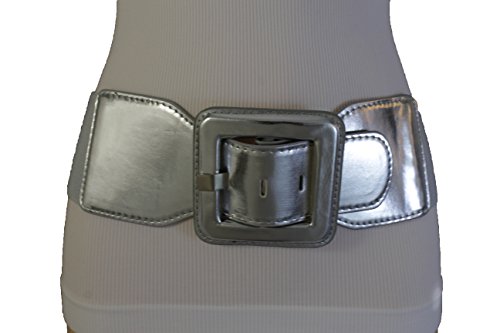 TFJ Women Fashion Belt Hip High Waist Wide Elastic Waistband Square Buckle M L Silver