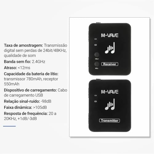 VEDO M-VAVE WP-10 Sistema de Monitor In-Ear Sem Fio 2.4GHz - Transmissor e Receptor IEM, Baixa Latência <12ms, 30m Alcance, 7h Bateria, p/Guitarra, Baixo e Palco.