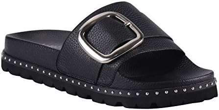Women's Flat Slide Sandals Comfortable Footbed Silver Buckle Embellished-Black 005-40