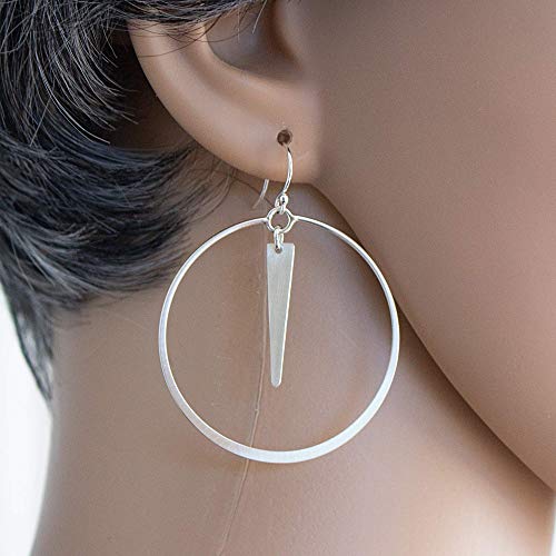 Large Flattened Circle Ring of Matte Sterling Silver Hoop Earrings with Trapezoid Component Drop SS-D43M-DROPMATTETRAP