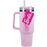 Paladone Barbie Official Licensed Pink Logo H2O Bottle, Quencher Stainless Steel Vacuum Insulated Tumbler with Lid and Straw for Water, Iced Tea or Coffee