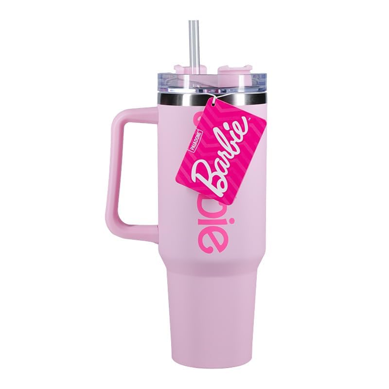 Paladone Barbie Official Licensed Pink Logo H2O Bottle, Stainless Steel Vacuum Insulated Tumbler with Lid and Straw for Water, Iced Tea or Coffee
