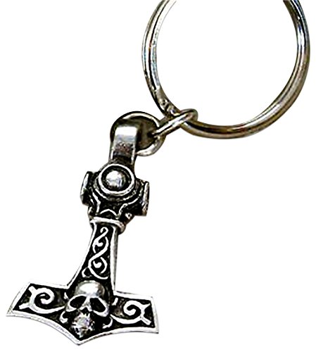 Unique & Custom 1 Single Medium Size â€œSplitâ€ Circle Keychain Ring Made of Pewter w/ Norse Mythology Demigod Thors Hammer Molnijyr w/ Skull Style Charm Made of Metal {Silver Color}