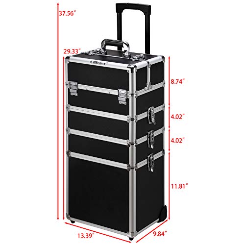 Ollieroo-4-in-1-Aluminum-Rolling-Cosmetic-Makeup-Train-Cases-Trolley-Professional-Artist-Train-Case-Organizer-Box-Lift-Handle-Lock-2-wheel-2-Keys-Each-Layer-Total-8-Keys-Makeup-Luggage-Black