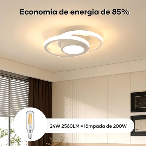 Trailabo Luminária LED de Teto, Luminária Redonda + Duas Fitas de Luz Circulares, Iluminação Ajustável em Três Cores, para Sala e Quarto, 3000-6000K (Branco) (Branco)