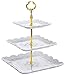 DOWAN 3 Tier Square Porcelain Cupcake Stand, Gold and White
