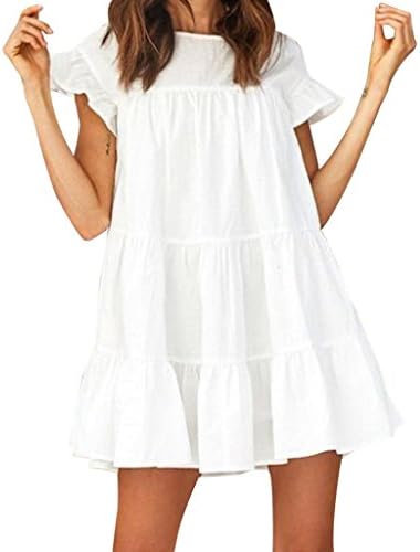Creazrise Womens Ruffle Sleeve Casual Plain Short Sleeve Dress Casual Swing Party Dress