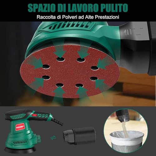 HYCHIKA Orbital Sander 300W, 6 Adjustable Speeds, 13000 RPM, 12pcs Sanding Discs 125 mm (80, 120, 240 Grains), Electric Sander, with Dust Collection Box