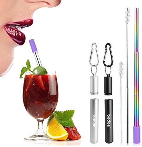 Bedee Paja Plegable, pajitas Reutilizables de Metal, Puntas de Silicona Ecológico Sin BPA Pajas de Beber con 2 Cepillos de Limpieza para Bebidas Juice Coffee Cóctel para Adultos y Niño 2 Piezas