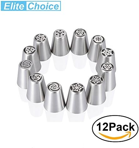12 Pcs Russian Stainless Steel Tips, Elite choices Tulip Sphere Whip Cream Butter cream Icing Piping Nozzles DIY Baking Tools Small Torch for Decoration Cupcake Fondant Cake or any Pastry (12)