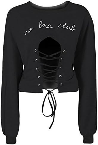 ZMLIA Feminist Women's No Bra Club Letter Printed Long Sleeve Crop Top Funny T-Shirts