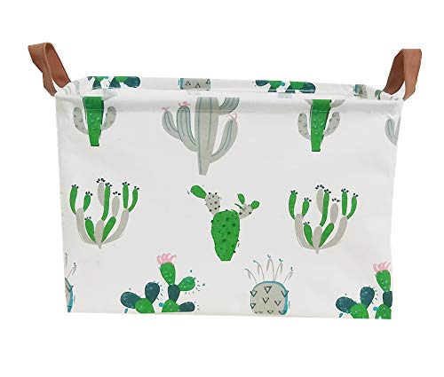 TIBAOLOVER Square Natural Linen & Cotton Fabric Storage Bin Handles organizing Kids Toy/Playroom Organization/Toy Bin/Closet/Shelf Baskets/Baby Hamper (Green and Gray Cactus)