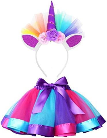 Kolylong Girls Kids Party Dance Ballet Costume Rainbow Layered Tutu Skirt+Hairband Set Suit for 4-10 Age