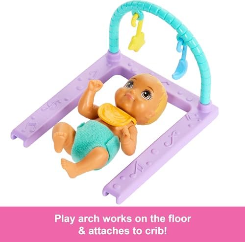 Boneca Twin Kangaroo Skipper com Vestido de Coração Roxo, Berço, Baloiço e Acessórios de Brincadeira para bebés, brinquedo +4 anos (HXM99)