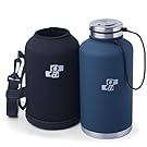 [Upgraded] Beer Growler and Water Bottle 64 oz | Insulated Stainless Steel Vacuum Growler and Water Bottle Dark Blue for HOT and COLD Beverages | Black Neoprene Growler Carrier Included