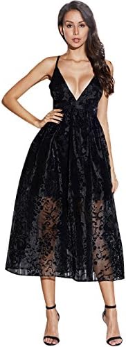 PYL Women's Sleeveless V Neck Black Sexy Cocktail Midi Dress