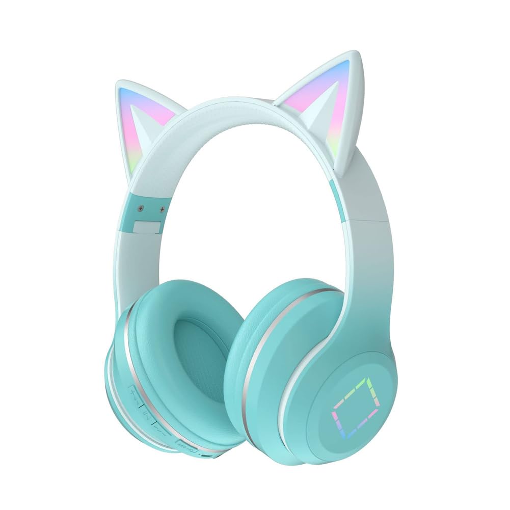 Usoun Kids Headphones,Cat Ear Led Light Bluetooth Kids Headphones with Mic,Girls Headphone Wireless,TF Card,3.5mm Audio,Wireless/Wired Foldable Kid On Ear Headphone for Boys Girls Adults (Green)
