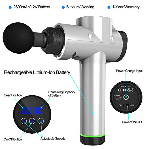 Massage Gun, Upgraded 20 Adjustable Speed Deep Tissue Percussion Muscle Rechargeable Massager - with 6 Massage Heads and Portable Bag for Deep Handheld Muscle Tissue Electric Body Massage, Silver