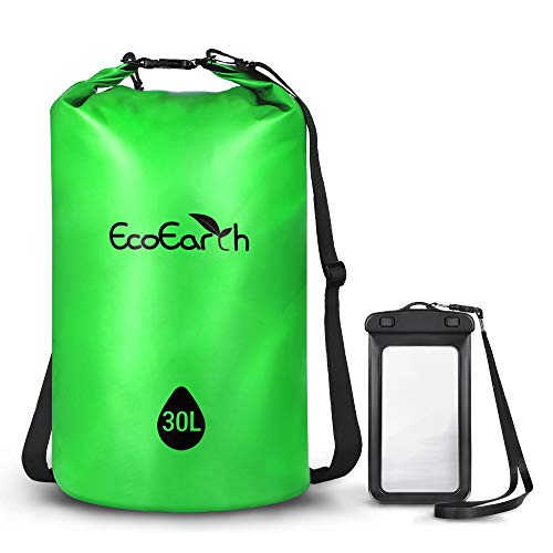 EcoEarth Waterproof Dry Bag (30L, Green) - Roll Top Compression Dry Sack with Waist Straps Keeps Gear Dry for Kayaking, Beach, Rafting, Boating, Hiking, Camping, and Fishing with Waterproof Phone Case