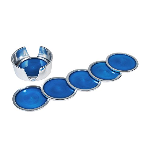 Kosma set of 6 recycled aluminium coasters with holder in a Teal colour enamel finish - 9cm x 9 cm x 3cm