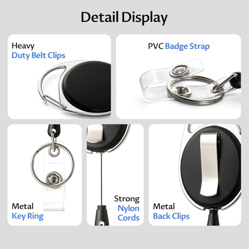 Diateklity 20 Pack Retractable Badge Holder with Carabiner Reel Clip, Badge Reel Bulk ID Card Key Holder with Ring, Sturdy Black Key Chain Extender for Office Work Employee