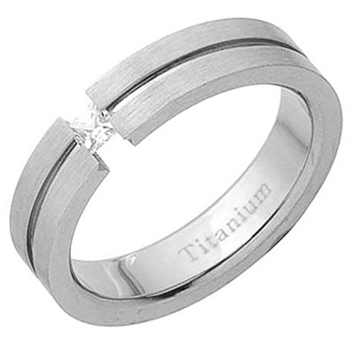 5mm Men's Titanium Ring Wedding Band Cubic Zirconia Princess Brushed Top Grooved