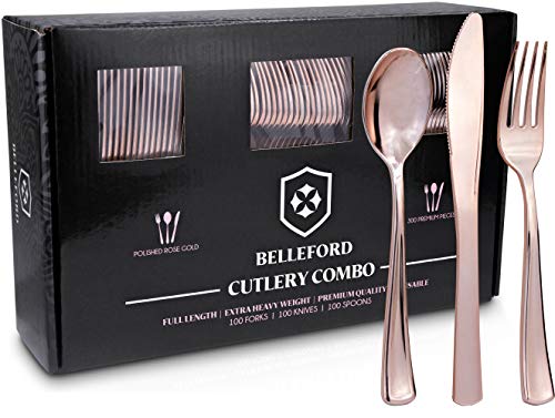 Rose Gold Silverware Plastic Forks and Knives and Spoons Utensil Set [300 Pieces] Disposable Cutlery Party Decorations Supplies - Flatware Utensils for Parties, Birthday Paper Plates & Wedding Napkins