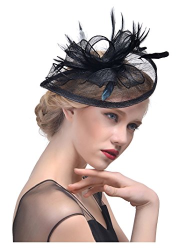 Obosoyo Sinamay Fascinator Hat Feather Mesh Net Veil Cocktail Party Hat Flower Derby Hat for Women Black
