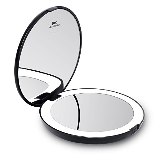 KEDSUM LED Lighted Compact Travel Makeup Mirror, 1x/10x Magnifying Double Sided Mirror, Hand Held Folding Mirror, Large 5”Wide Illuminated Portable Mirror