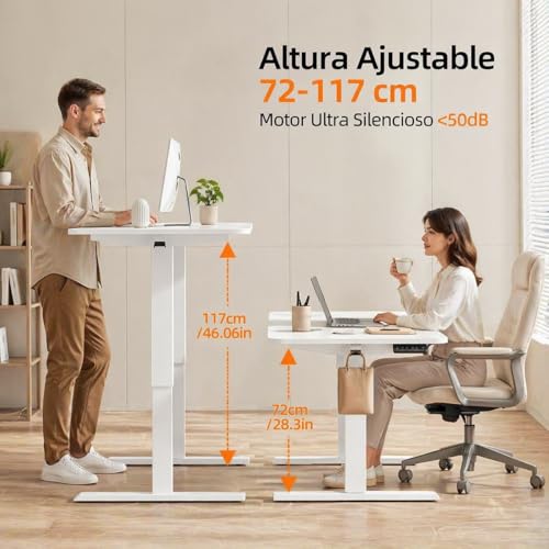 Elevable Eléctrico 160x60cm,Ajuste de Altura con Rueda,Escritorio de Pie para Oficina en Casa, con Memoria y Soporte Metálico en T (White, 160cm)