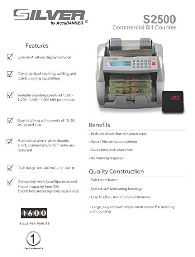 New SILVER by AccuBANKER S2500 Basic Commercial Bill Counter - Convenient Front Loaded Hopper - Count Up to 1,600 Bills/Minute