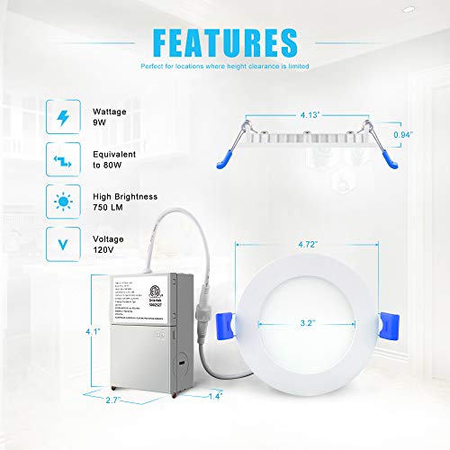 Ensenior 6 Pack 4 Inch Ultra-Thin LED Recessed Ceiling Light with Junction Box, 5000K Daylight, 9W 75W Eqv, Dimmable Can-Killer Downlight, 750LM High Brightness - ETL and Energy Star Certified