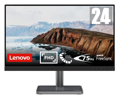 Lenovo L24i-30 Monitor Gaming - Display 23.8" FullHD (1920x1080, IPS, 4 ms, 75Hz, Input HDMI+VGA, Cavo HDMI, FreeSync, Base in Metallo e Supporto per smartphone) Inclinazione regolabile - Nero/Grigio