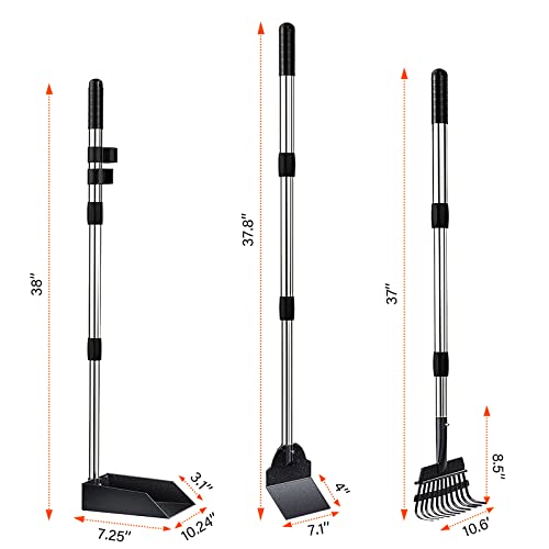 FAVOR MOVE Dog Pooper Scooper, 3 Pack Metal Pet Poop Extra Large Tray, Rake and Spade Set with Adjustable Long Handle for Large and Small Dogs Waste Removal Scooper, Great for Lawns, Grass, Gravel