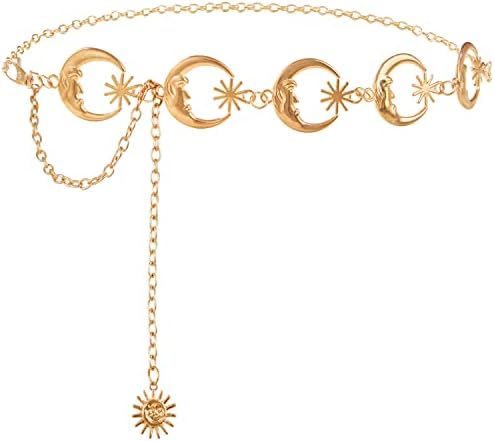 Amaxiu Double Layer Women Metal Chain Belt, Moon Star Waist Chain