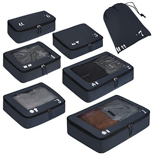 ECOHUB Organizer Suitcases 7 Pieces Packing Cubes Kit Travel Kit Environmentally Friendly PET Travel Accessories Organizer Space-Saving Travel Shoe Holder Organizer Backpack (Dark Blue)