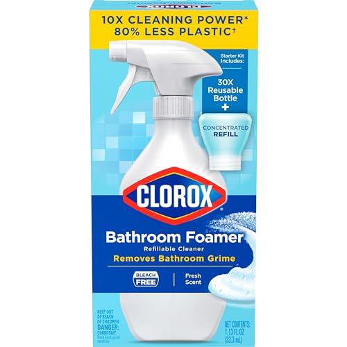 CLOROX BATHROOM FOAMER REFILLABLE CLEANER, HOUSEHOLD ESSENTIALS, 1 BOTTLE AND 1 REFILL, FRESH SCENT, 1.13 FL OZ