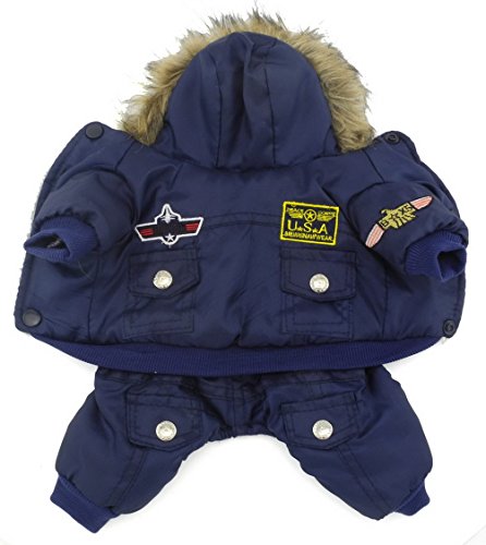 SELMAI Waterproof Fleece Lined Dog Coat Airman Hooded Jumpsuit Snow Jacket Winter Dog Clothes for Chihuahuas Blue M