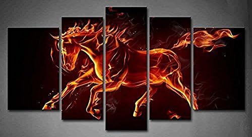Flora Woods Painting 5 Panels Black And White &amp; Red Fiery Horse In Black Background Painting Print On Canvas Animal Picture Modern Painting