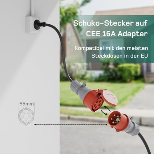 dé Mobile Wallbox 11 kW with App [10 m | 3-Phase | 6-16 A], Charging Cable E Car CEE-16A 400V to Type 2 with Adjustable Charging Power, EV Charger for ID.3/4/5/7, IX1, Model 3/Y and Other BEV/PHEV