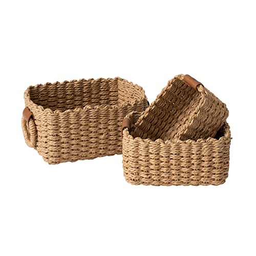 LA JOLIE MUSE Small Wicker Baskets for Organizing, Bathroom Basket with Handle, Recycled Paper Rope Storage Basket for Shelves Bathroom Cupboards Drawer, Decorative Square Basket Organizer Set of 3