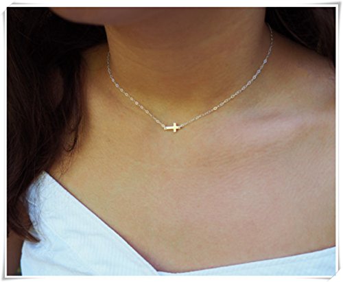 Tiny Sideways Cross Necklace,Silver Cross Necklace, Centered Cross Necklace