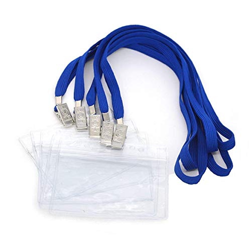 Name Tag Badge Holders with Lanyard Waterproof Plastic Id Card Holder Lanyards Nametags for desks Kids School Camp Field Trip Business Event Trade Horizontal Name Tag Lanyards Badge Holder-Blue 50pack