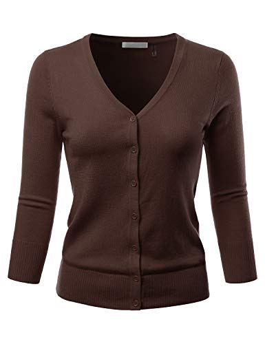 EIMIN Women's 3/4 Sleeve V-Neck Button Down Stretch Knit Cardigan Sweater Brown 1XL