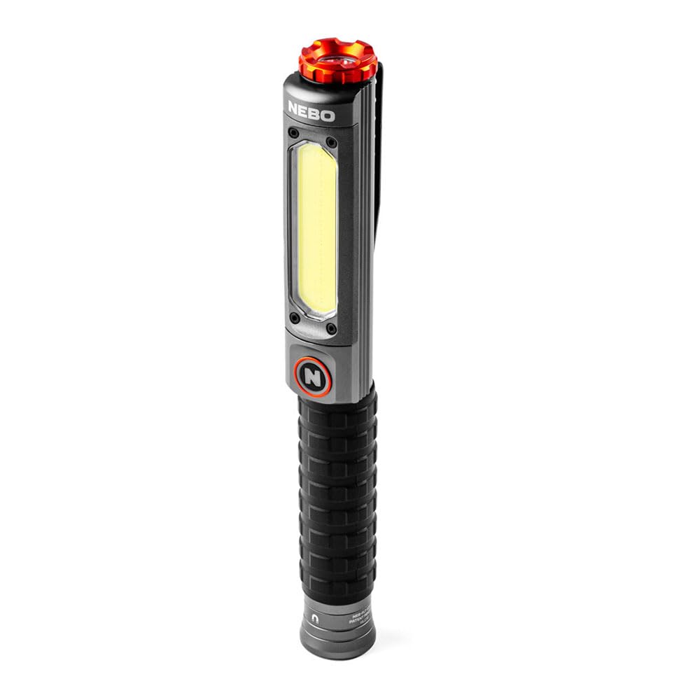 NEBO Big Larry Pro Plus - 600 Lumen Torch with COB Work Light - Pocket Clip Magnetic Base for Hands-Free Lighting - Portable COB LED Dimmable Flashlight - Hazard Light-Red, Stealth