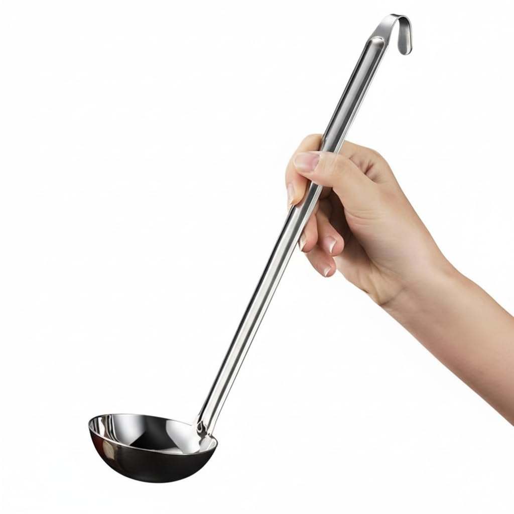 Stainless Steel Soup Spoon with Hook and Hole for Convenient Hanging Strong for Kitchen Use 25 cm Length
