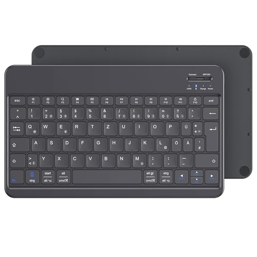 Emetok German Bluetooth Keyboard for iPad Air/Pro/Mini/10.9/10.2/9.7/iPhone/Android, Magnified Keycaps, Rechargeable, QWERTZ, Portable Wireless, Ultra Thin, Black