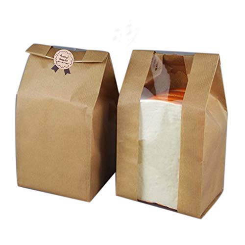 Pack of 30 Paper Bread Loaf Bag Kraft Food Packaging Storage Bakery Bag with Front Window, Label Seal sticker included (Kraft, 12.2''x4.7''x3.54'')